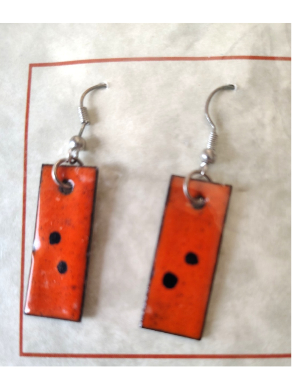 Handmade artisan Enamel On Copper Earrings orange and black dangle drop new